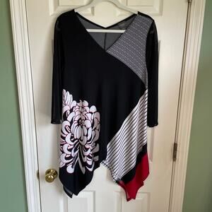 Chico's Travelers Tunic Top Sharkbite Hem Mixed Print Mesh 3/4 Sleeves Sz M Boho